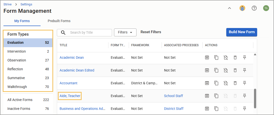 Overview of form types in management, highlighting the selection of a form.
